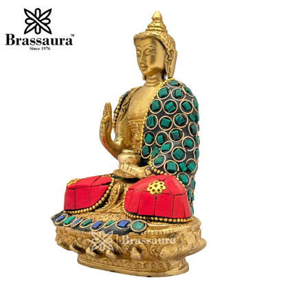 Brass Gem Stone Work Meditative Buddha Idol for Home and Decor Weight .7 Kg Height 12 cm