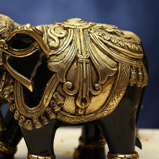 BRASS BLACK COLOUR ELEPHANT PAIR STATUE - 12 INCHES - ELEGANT HANDCRAFTED DECOR FOR HOME & OFFICE