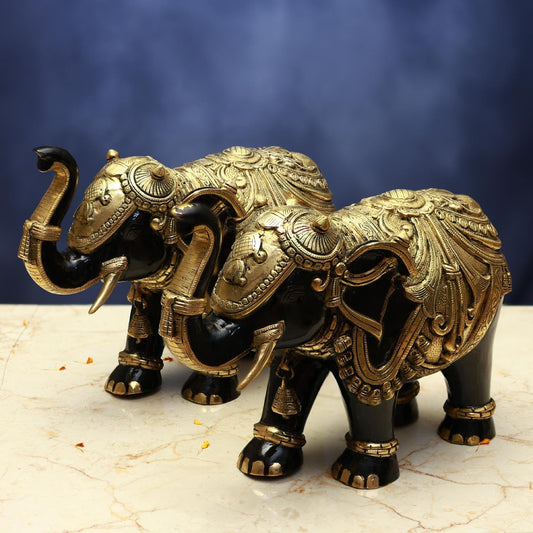 BRASS BLACK COLOUR ELEPHANT PAIR STATUE - 12 INCHES - ELEGANT HANDCRAFTED DECOR FOR HOME & OFFICE