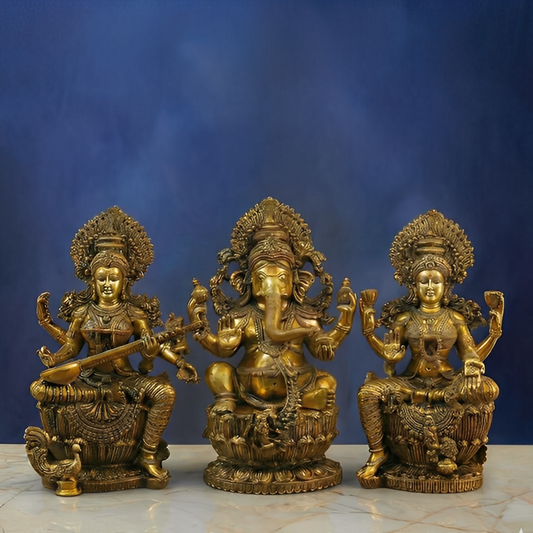 LARGE BRASS GANESH LAXMI SARASWATI IDOL - 25.5 INCHES - DIVINE TRIO STATUE