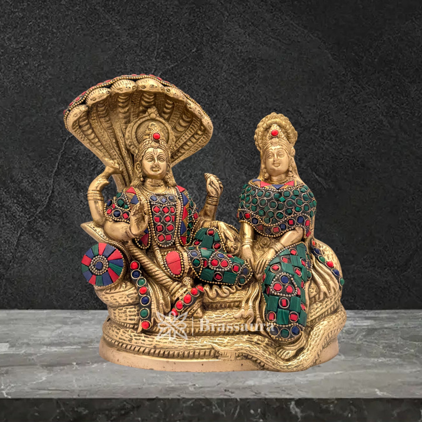 Brass Gem Stone Work Vishnu laxmi Idol for Home and Decor Weight 4.3 Kg Height 22 cm