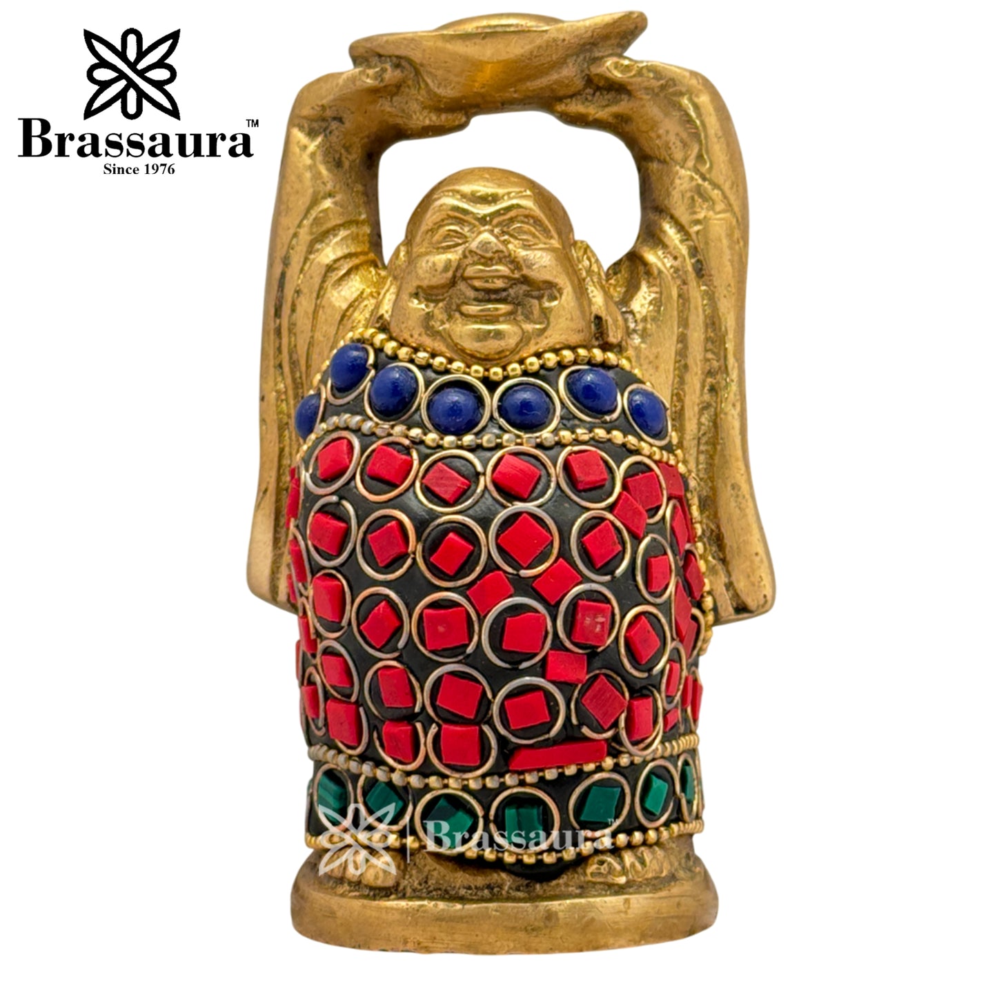 Brass Gem Stone Work Standing Buddha Idol for Home and Decor Weight .5 Kg Height 9 cm