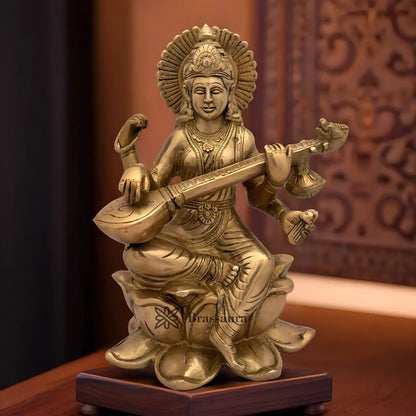 Brassaura™ Brass Saraswati Mata Statue – Height 5.2 Inches & Weight 3.6 Kgs | Temple Décor Accent