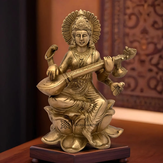 Brassaura™ Brass Saraswati Mata Statue – Height 5.2 Inches & Weight 3.6 Kgs | Temple Décor Accent