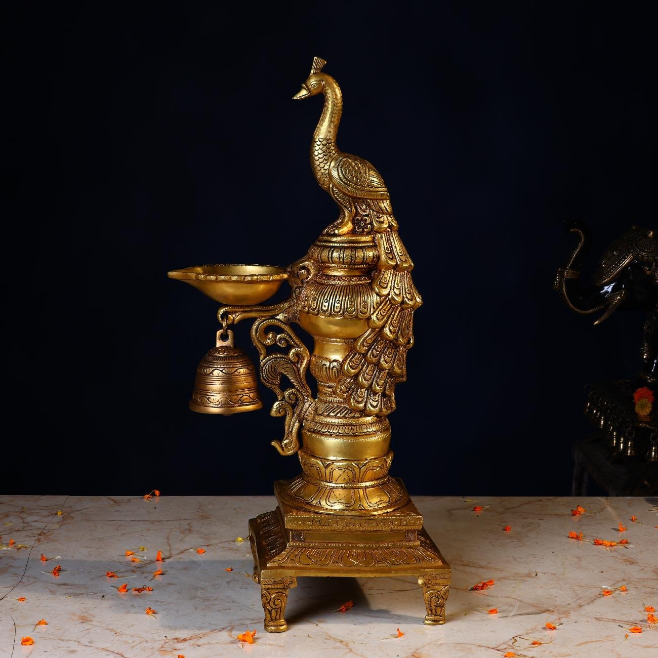 BRASS PEACOCK LAMP PAIR - 19 INCHES - ELEGANT HANDCRAFTED FOR HOME & TEMPLE DECOR