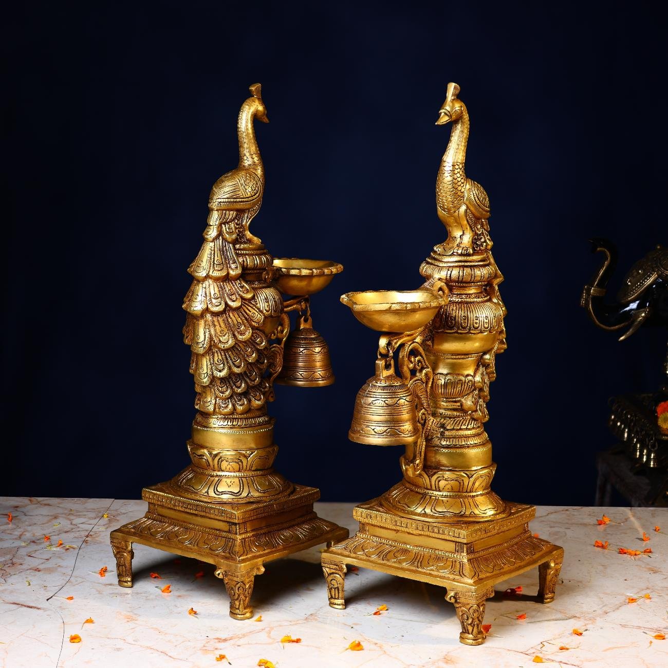 BRASS PEACOCK LAMP PAIR - 19 INCHES - ELEGANT HANDCRAFTED FOR HOME & TEMPLE DECOR