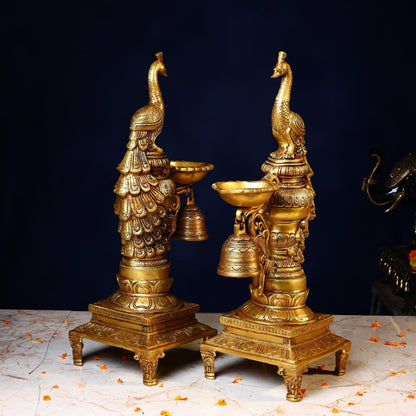 BRASS PEACOCK LAMP PAIR - 19 INCHES - ELEGANT HANDCRAFTED FOR HOME & TEMPLE DECOR