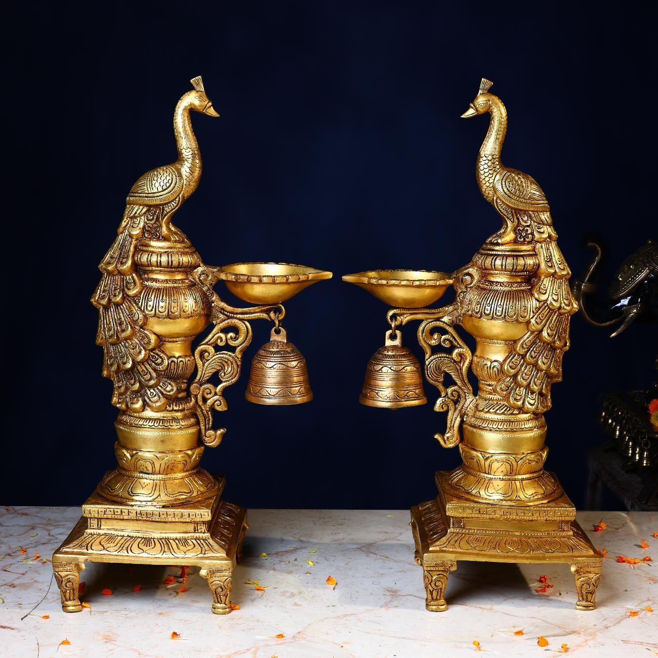 BRASS PEACOCK LAMP PAIR - 19 INCHES - ELEGANT HANDCRAFTED FOR HOME & TEMPLE DECOR