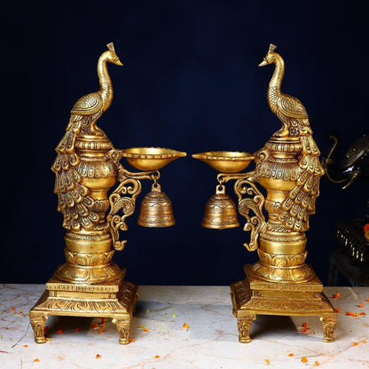 BRASS PEACOCK LAMP PAIR - 19 INCHES - ELEGANT HANDCRAFTED FOR HOME & TEMPLE DECOR