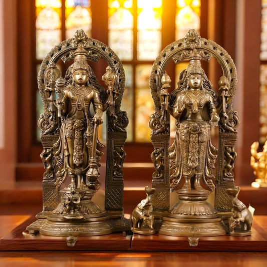 Brassaura™ 16-Inch Vishnu & Lakshmi Brass Statues Pair – 12kg – Antique Chola Style Idols for Auspicious Home & Temple Decor