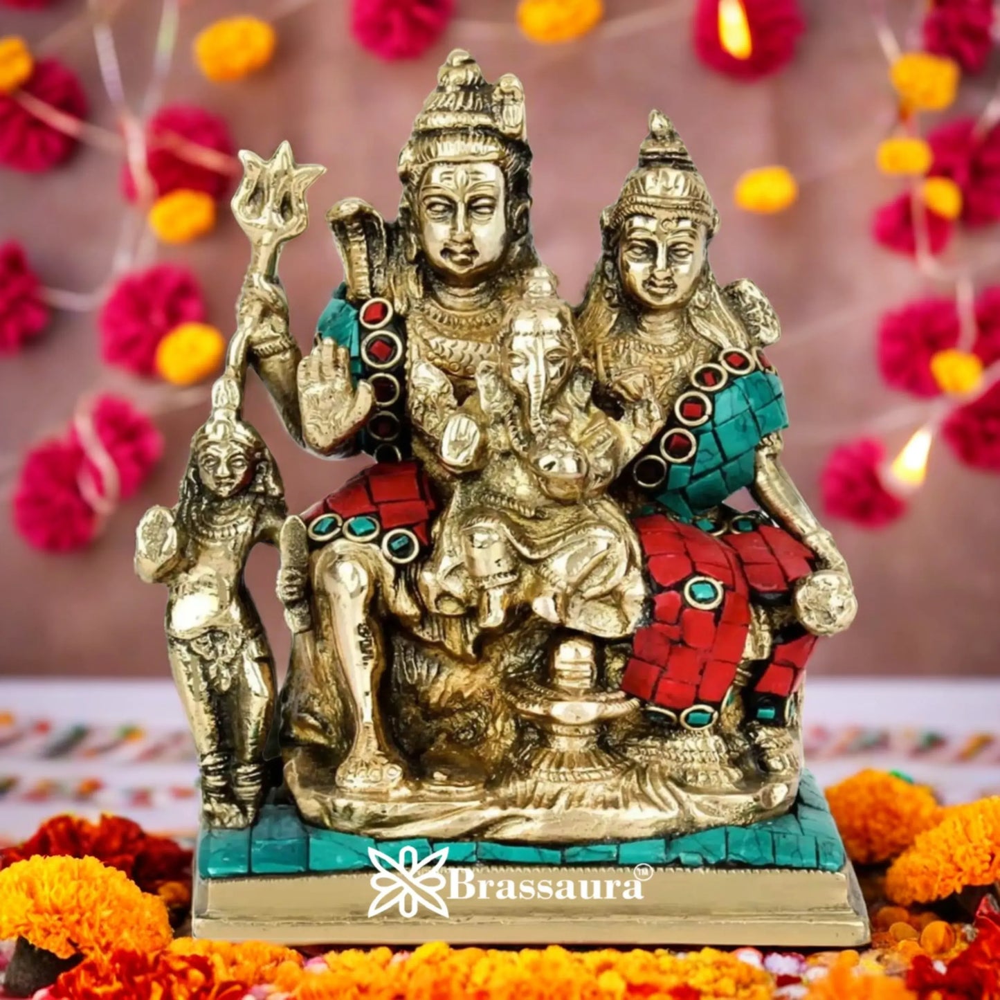 Brass Gem Stone Work Shiv Family  Weight 1.6 Kg & Height 6 Inch