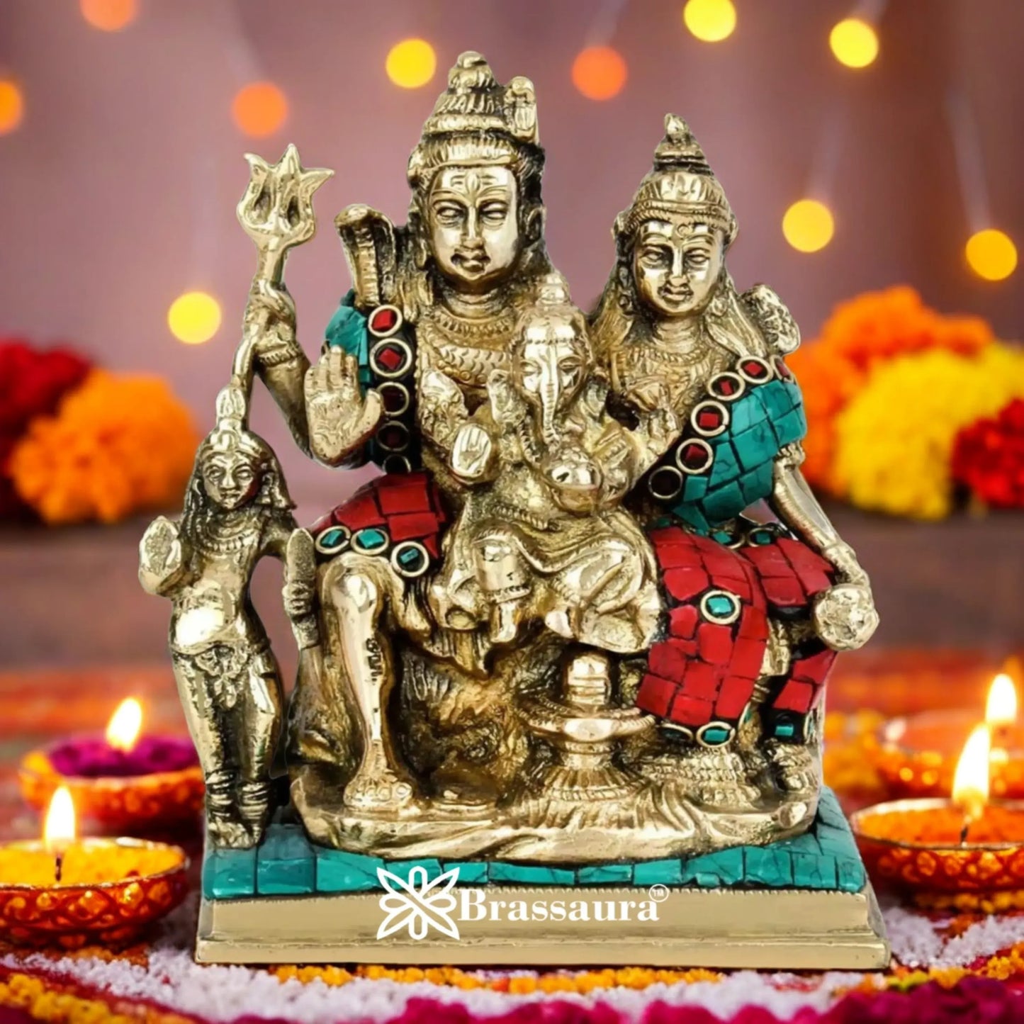 Brass Gem Stone Work Shiv Family  Weight 1.6 Kg & Height 6 Inch