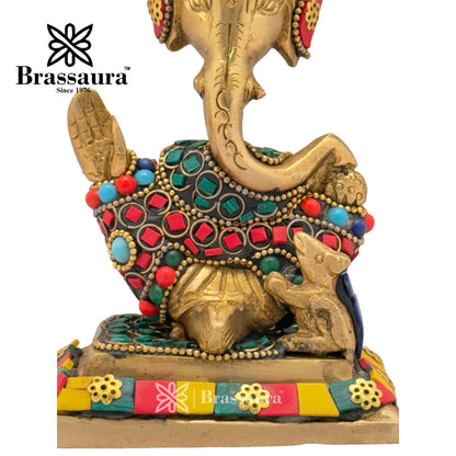 Brass Gem Stone Work Modern Ganesha Idol for Home and Decor Weight 1.1 Kg Height 15 cm