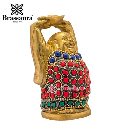 Brass Gem Stone Work Standing Buddha Idol for Home and Decor Weight .5 Kg Height 9 cm