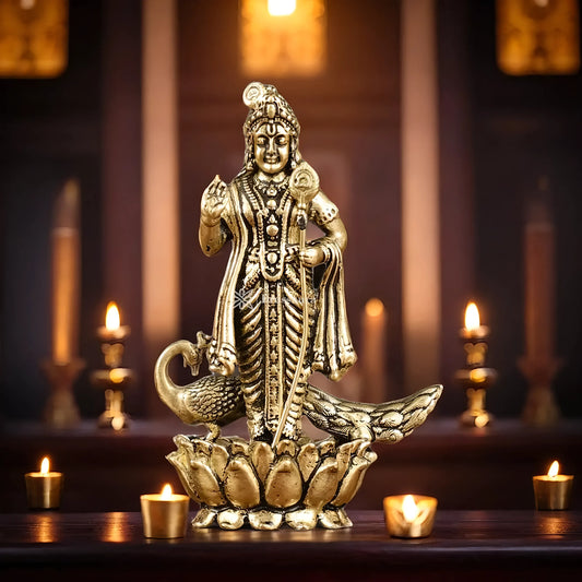 Brassaura™ Pure Brass Murugan Kartikeya Idol – 3 Inches Height, 72 Grams – Miniature Handcrafted Brass Statue