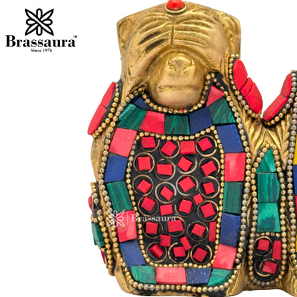 Brass Gem Stone Work Gandhi’s Monkey Idol for Home and Decor Weight 1.4 Kg Height 9 cm