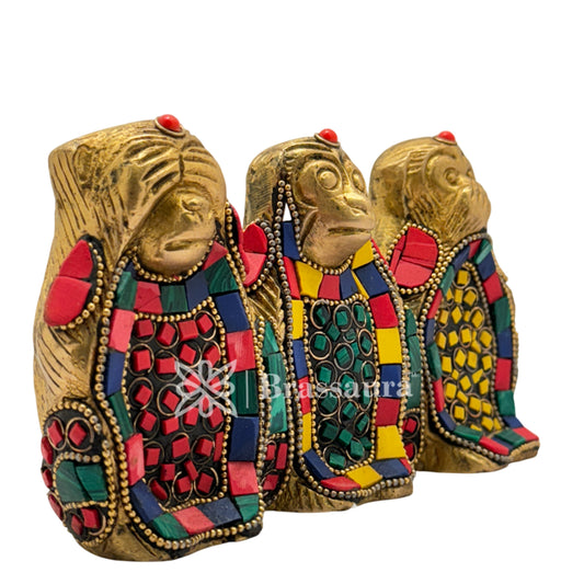 Brassaura® Three Wise Monkeys Brass Idol with Gem Stone Work | See No Evil, Hear No Evil, Speak No Evil | Height 3.5 Inches & Weight 1.4 Kgs