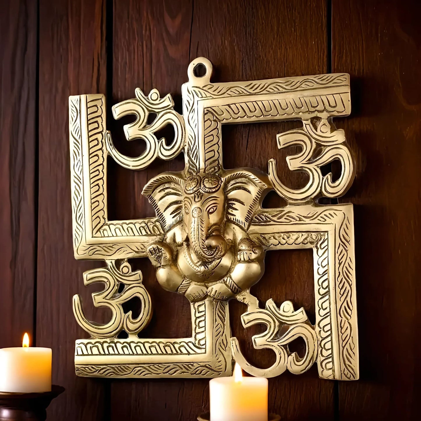 Brassaura™ Brass Swastik Ganesha Wall Hanging with OM Symbols | Height 8.5 Inches & Weight 1.5 Kgs