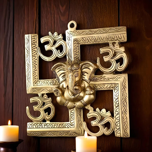 Brassaura™ Brass Swastik Ganesha Wall Hanging with OM Symbols | Height 8.5 Inches & Weight 1.5 Kgs