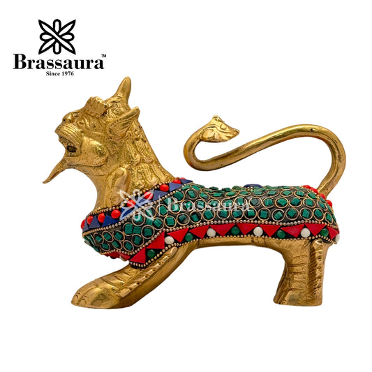 Brassaura® Brass Chinese Lion Idol with Gem Stone Work | Handcrafted Guardian Showpiece | Height 4.7 Inches & Weight 2 Kgs