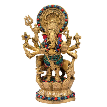 Brass Gem Stone Work Ganesha and Lion Idol for Home and Decor Weight 2.3 Kg Height 23 cm