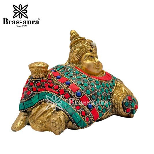 Brassaura™ Brass Gem Stone Work Kuber Idol – Height 4 Inches & Weight 1.2 Kgs | Divine Home & Pooja Sculpture