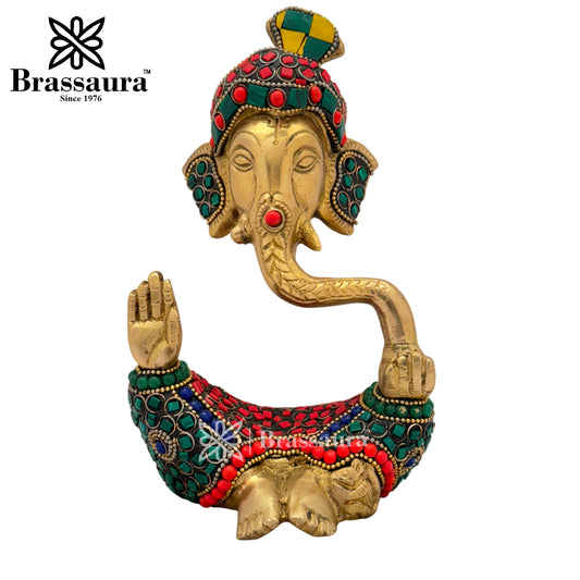 Brassaura™ Brass Gem Stone Work Ganesha Idol for Home and Decor | Weight 1.2 Kgs | Height 7.1 Inches