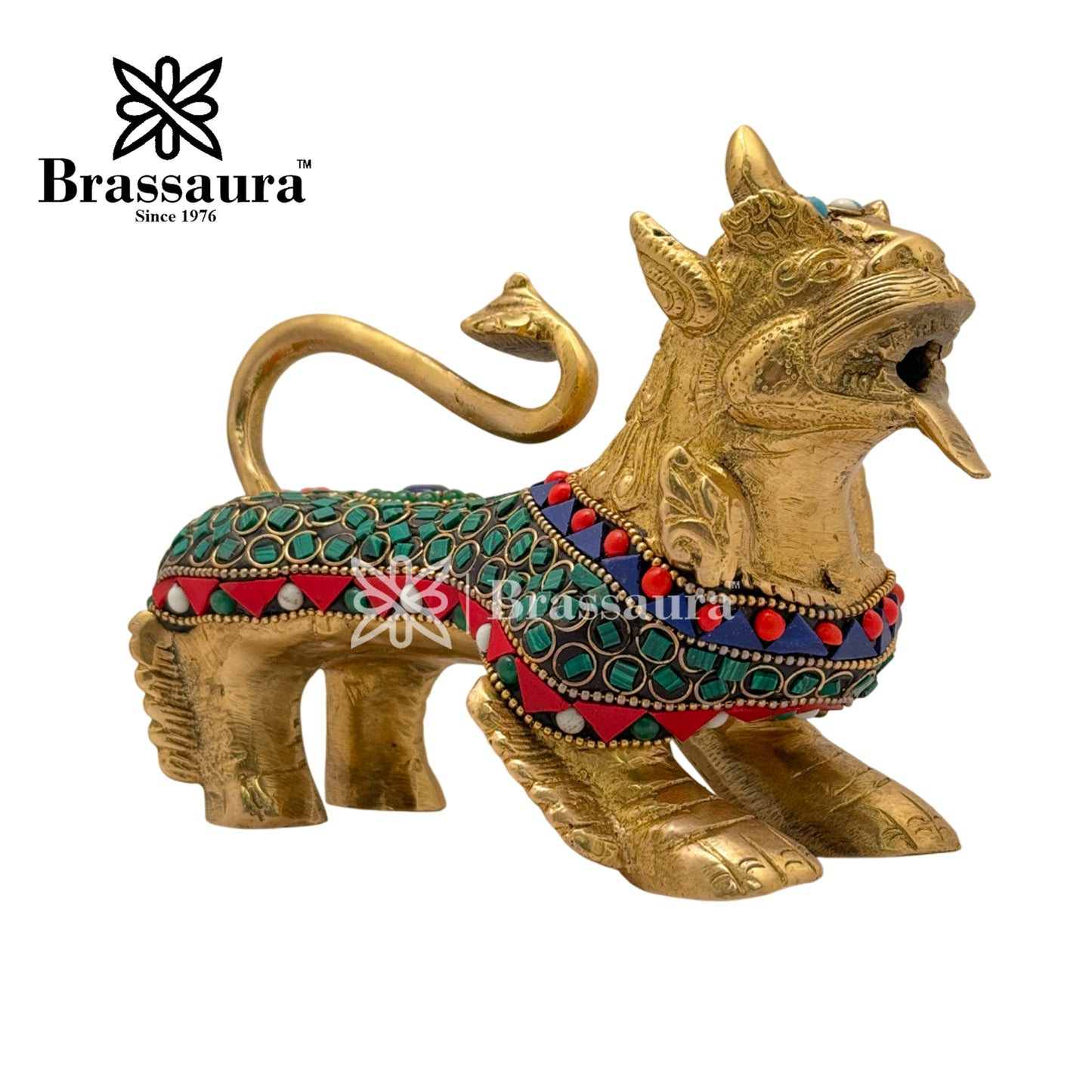 Brass Gem Stone Work Chinese Lion Idol for Home and Decor Weight 2 Kg Height 12 cm