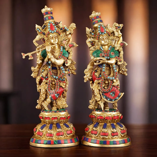 Brassaura™ Intricately Crafted Brass Radha Krishna Idols with Stonework – Height 15 Inches & Weight 10 Kgs | Divine Love Pair