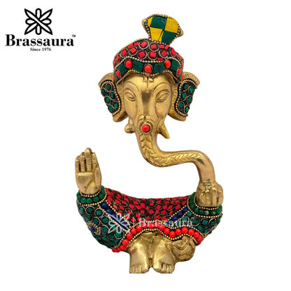 Brass Beautiful Gem Stone Work Ganesha Idol for Home and Decor Weight 1.2 Kg Height 18 cm