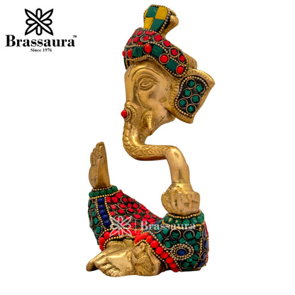 Brass Beautiful Gem Stone Work Ganesha Idol for Home and Decor Weight 1.2 Kg Height 18 cm