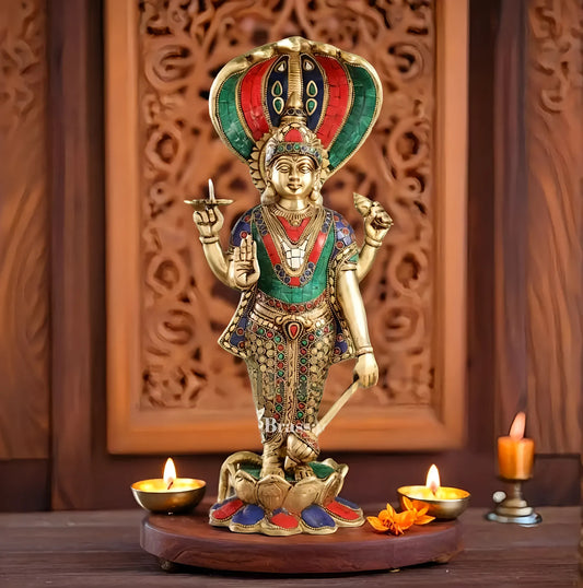 Brassaura™ Handcrafted Brass Lord Vishnu Statue | 17 Inch Height | 7 KG Weight | Intricate Detailing