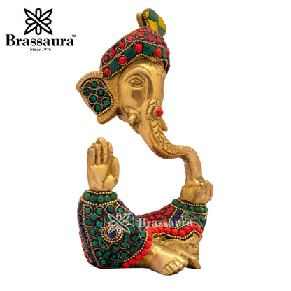 Brass Beautiful Gem Stone Work Ganesha Idol for Home and Decor Weight 1.2 Kg Height 18 cm