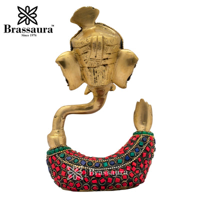 Brass Beautiful Gem Stone Work Ganesha Idol for Home and Decor Weight 1.2 Kg Height 18 cm