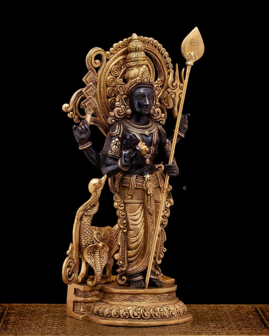 Brassaura® Brass Lord Murugan Statue | 21 Inch Black & Gold Murugan Idol | Handcrafted Divine Brass Murti for Home & Temple
