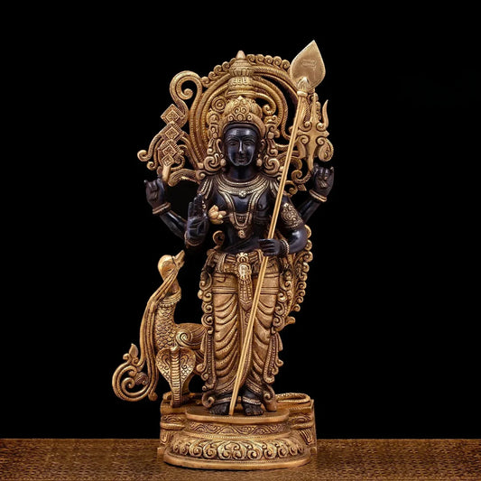Brassaura® Brass Lord Murugan Statue | 21 Inch Black & Gold Murugan Idol | Handcrafted Divine Brass Murti for Home & Temple