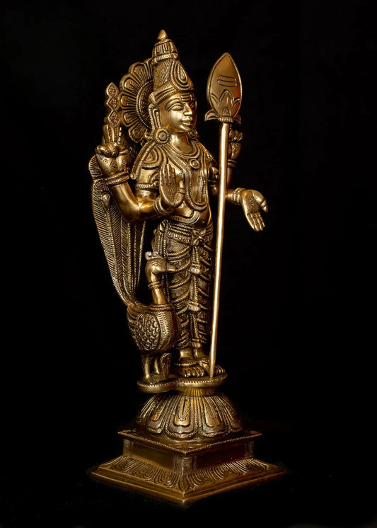 Brassaura® Brass Lord Karthikeya Idol | 13.5 Inch Antique Brass Statue | Handcrafted Divine Murti for Home & Temple