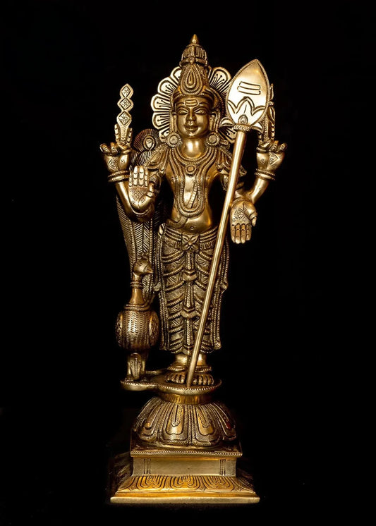 Brassaura® Brass Lord Karthikeya Idol | 13.5 Inch Antique Brass Statue | Handcrafted Divine Murti for Home & Temple