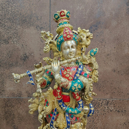 Brassaura® Lord Krishna Playing Flute Idol with Multi-Color Finish | Pure Superfine Brass Handcrafted Murti | Brass Statue for Home Temple, Pooja Room, Spiritual Décor & Luxury Gifting | Height 29 Inches | Weight 16 Kg