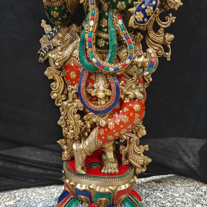 Brass Gem Stone Work Krishna Playing Flute Weight 57 Kg And Height 47 Inch