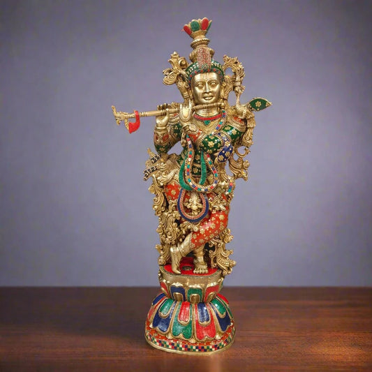Brass Gem Stone Work Krishna Playing Flute Weight 57 Kg And Height 47 Inch