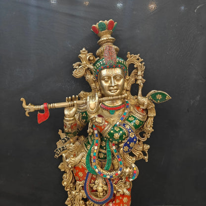 Brass Gem Stone Work Krishna Playing Flute Weight 57 Kg And Height 47 Inch