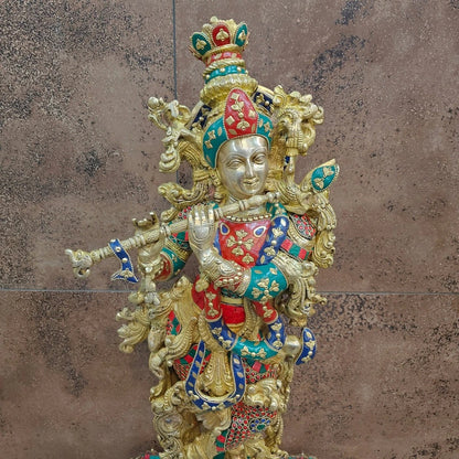 Brass Gem Stone Work Krishna Playing Flute Weight 57 Kg And Height 47 Inch