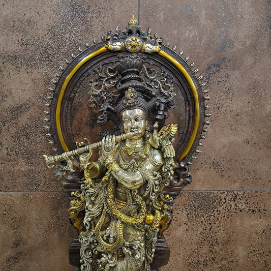 Brassaura® Brass Standing Krishna Playing Flute with Prabhavali Arch Idol | Premium Handcrafted Brass Murti for Home Temple, Pooja Room, Spiritual Décor & Luxury Gifting | Height 32 Inches | Weight 36 Kg