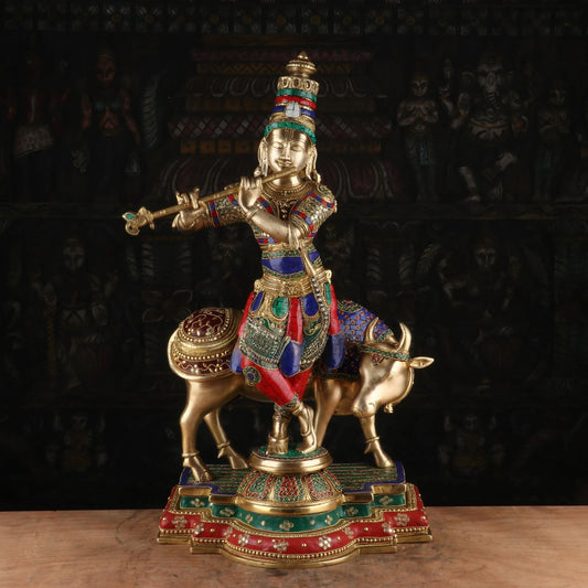 Brass Gem Stone Work Cow & Krishna Weight 27 Kg