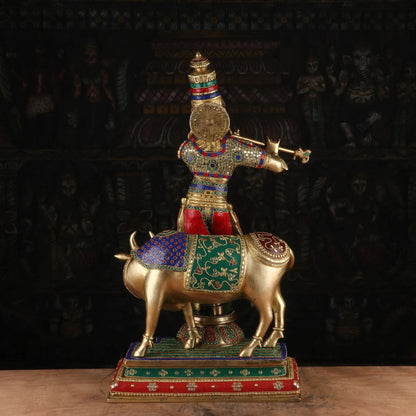 Brass Gem Stone Work Cow & Krishna Weight 27 Kg
