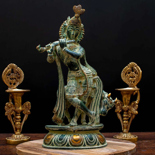 Brass Cow & Krishna Playing Flute Weight 4.5 Kg And Height 13 Inch
