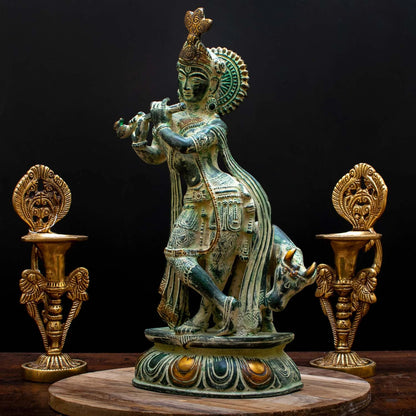 Brass Cow & Krishna Playing Flute Weight 4.5 Kg And Height 13 Inch