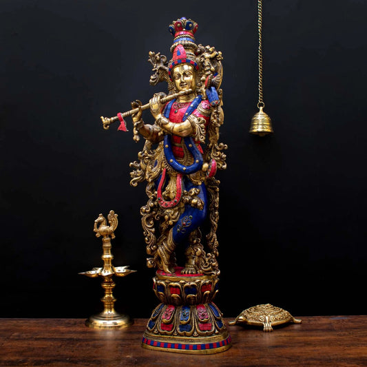 Brass Gem Stone Work Standing Krishna Playing Flute Weight 16 Kg And Height 29 Inch