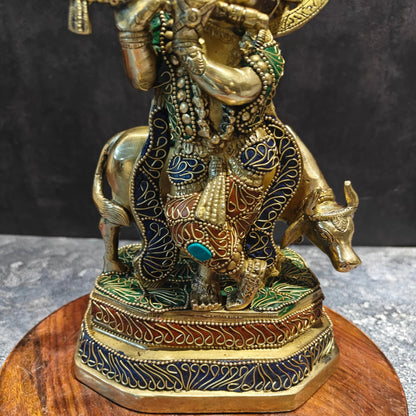 Brassaura® Lord Krishna Playing Flute with Cow Idol with Stonework Finish | Pure Superfine Brass Handcrafted Murti | Brass Statue for Home Temple, Pooja Room, Spiritual Décor & Luxury Gifting | Height 10 Inches | Weight 3.2 Kg